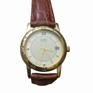 Citizen Quartz Watch Vintage Gold Tone Roman Numeral Face Date Brown Leather